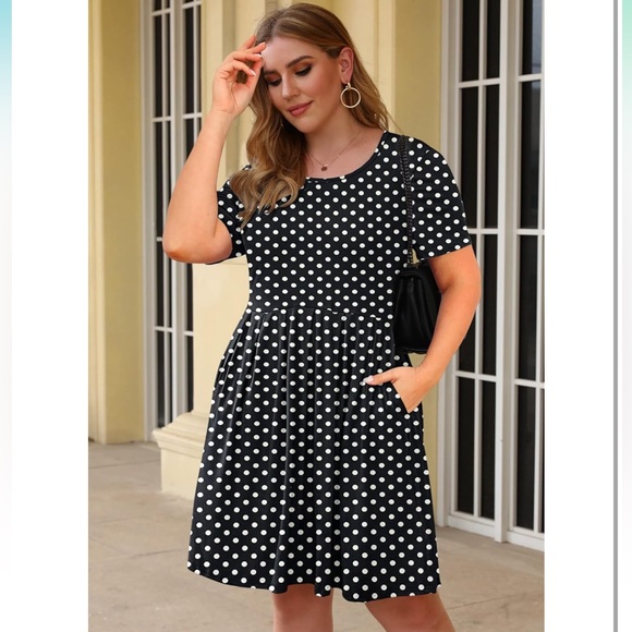 EUC AUSELILY Plus Size 22 Swing Dress Pockets Knee Length black white polka dots - Picture 4 of 9
